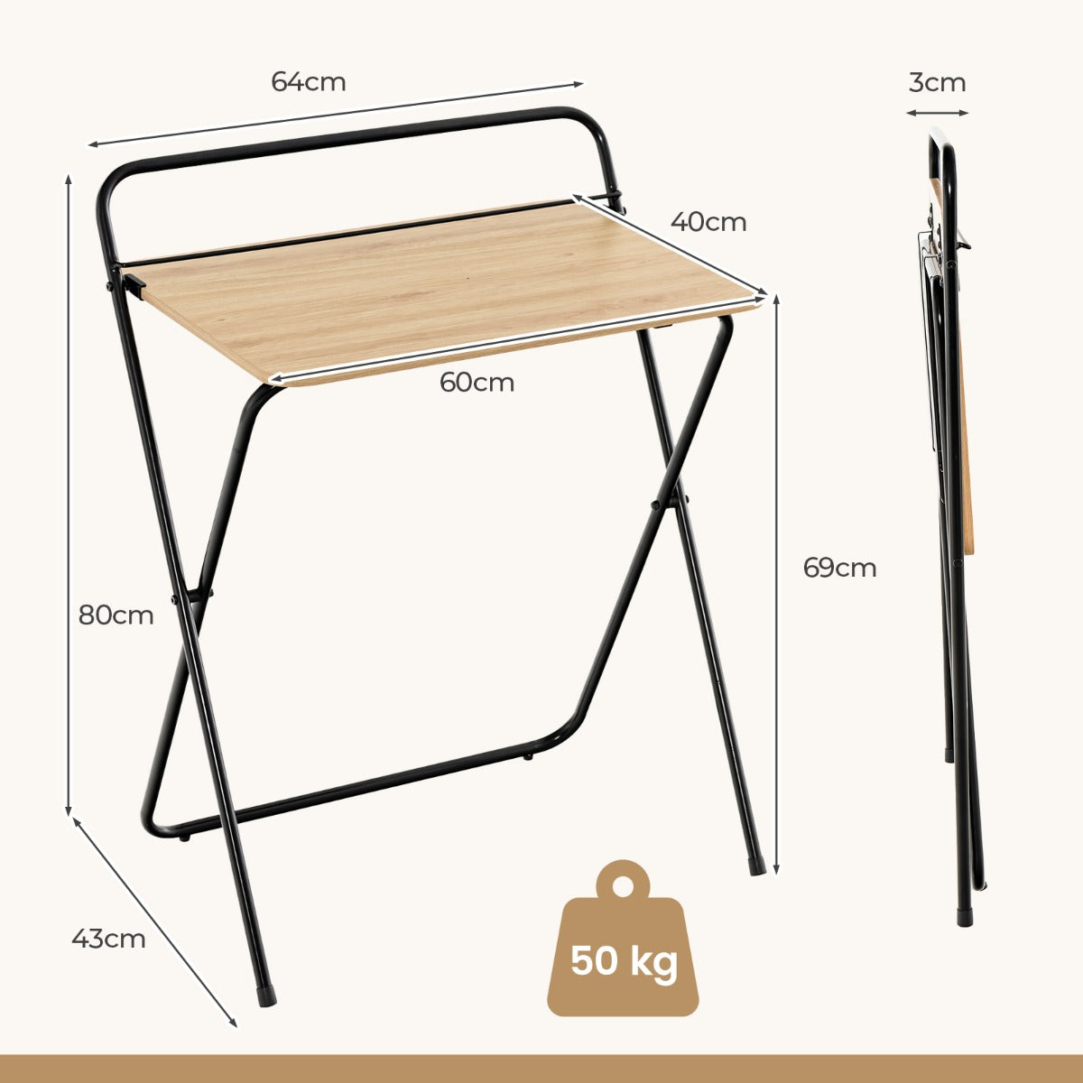 Escritorio Pequeño, Mesa Escritorio Plegable, Mesa Estudio, de 60 cm con Soporte, Natural, Costway, 3