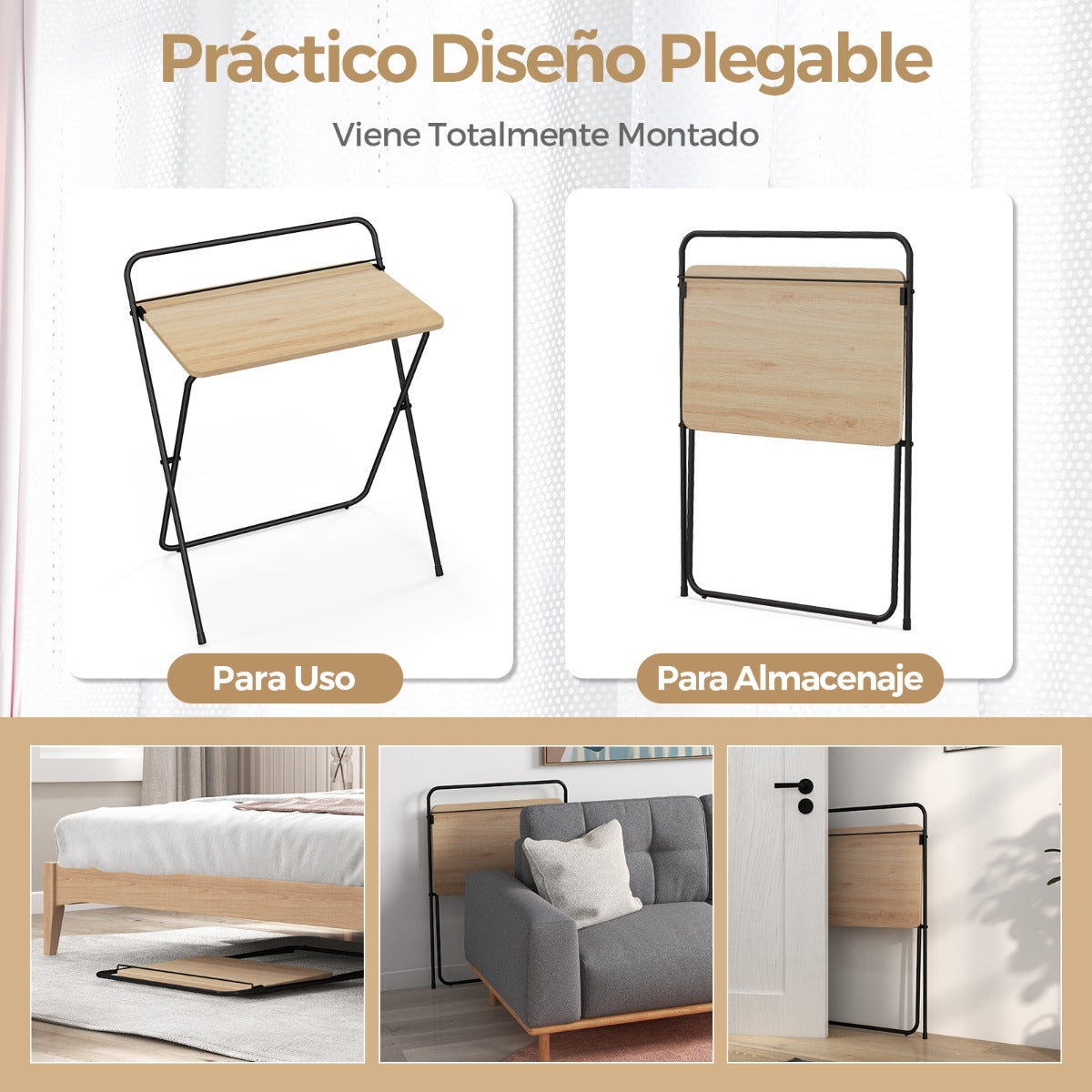 Escritorio Pequeño, Mesa Escritorio Plegable, Mesa Estudio, de 60 cm con Soporte, Natural, Costway, 6