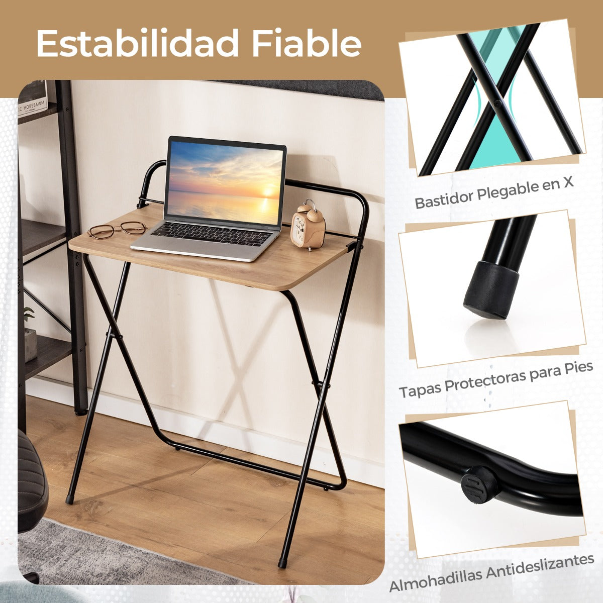 Escritorio Pequeño, Mesa Escritorio Plegable, Mesa Estudio, de 60 cm con Soporte, Natural, Costway, 7
