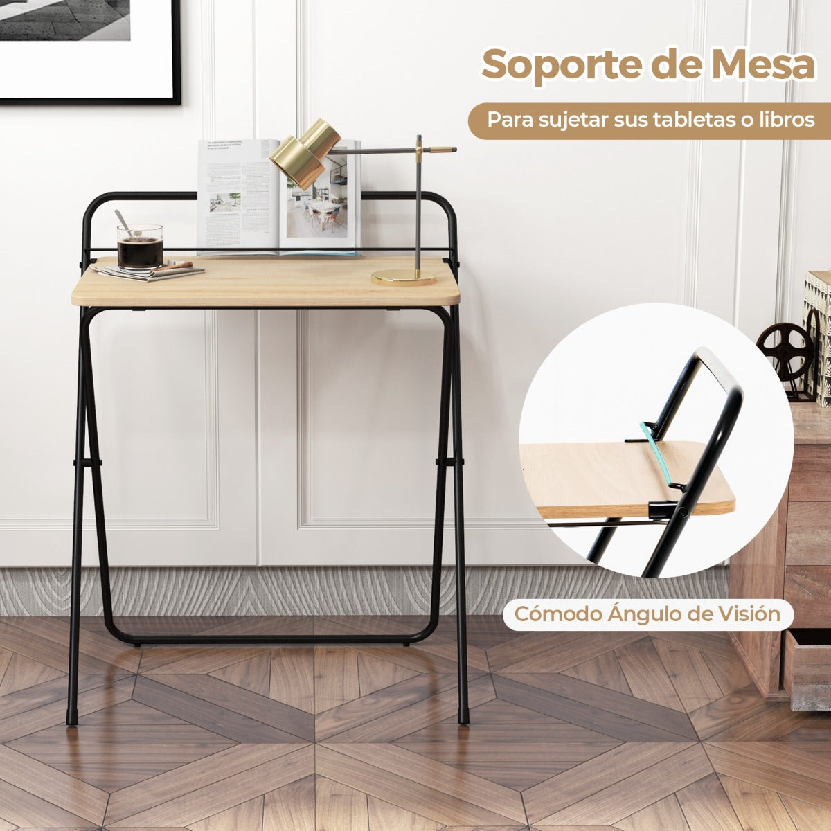 Escritorio Pequeño, Mesa Escritorio Plegable, Mesa Estudio, de 60 cm con Soporte, Natural, Costway, 8