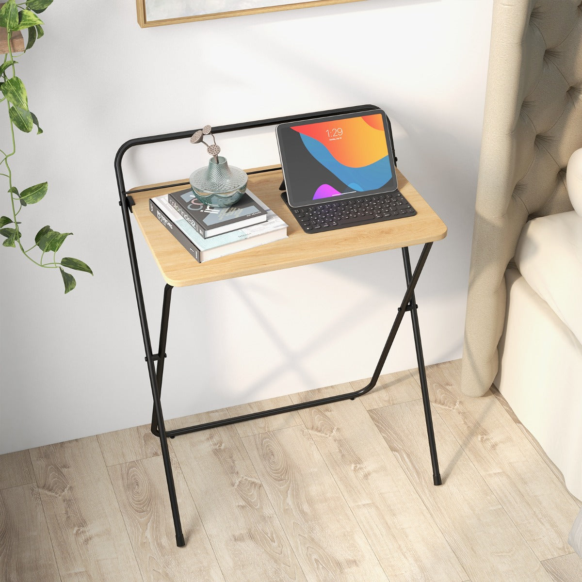 Escritorio Pequeño, Mesa Escritorio Plegable, Mesa Estudio, de 60 cm con Soporte, Natural, Costway, 4