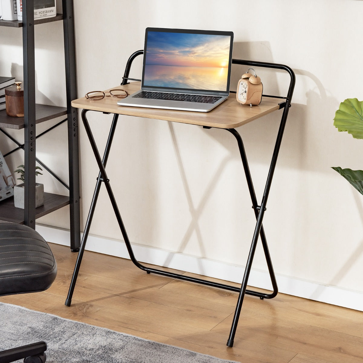 Escritorio Pequeño, Mesa Escritorio Plegable, Mesa Estudio, de 60 cm con Soporte, Natural, Costway, 2