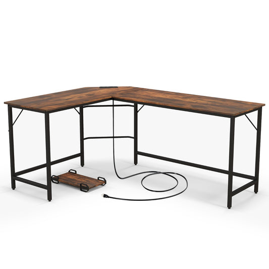 Escritorio Esquinero, Mesa Escritorio, Mesa Ordenador, con Toma de Corriente, Soporte para CPU, Marrón, Costway, 1