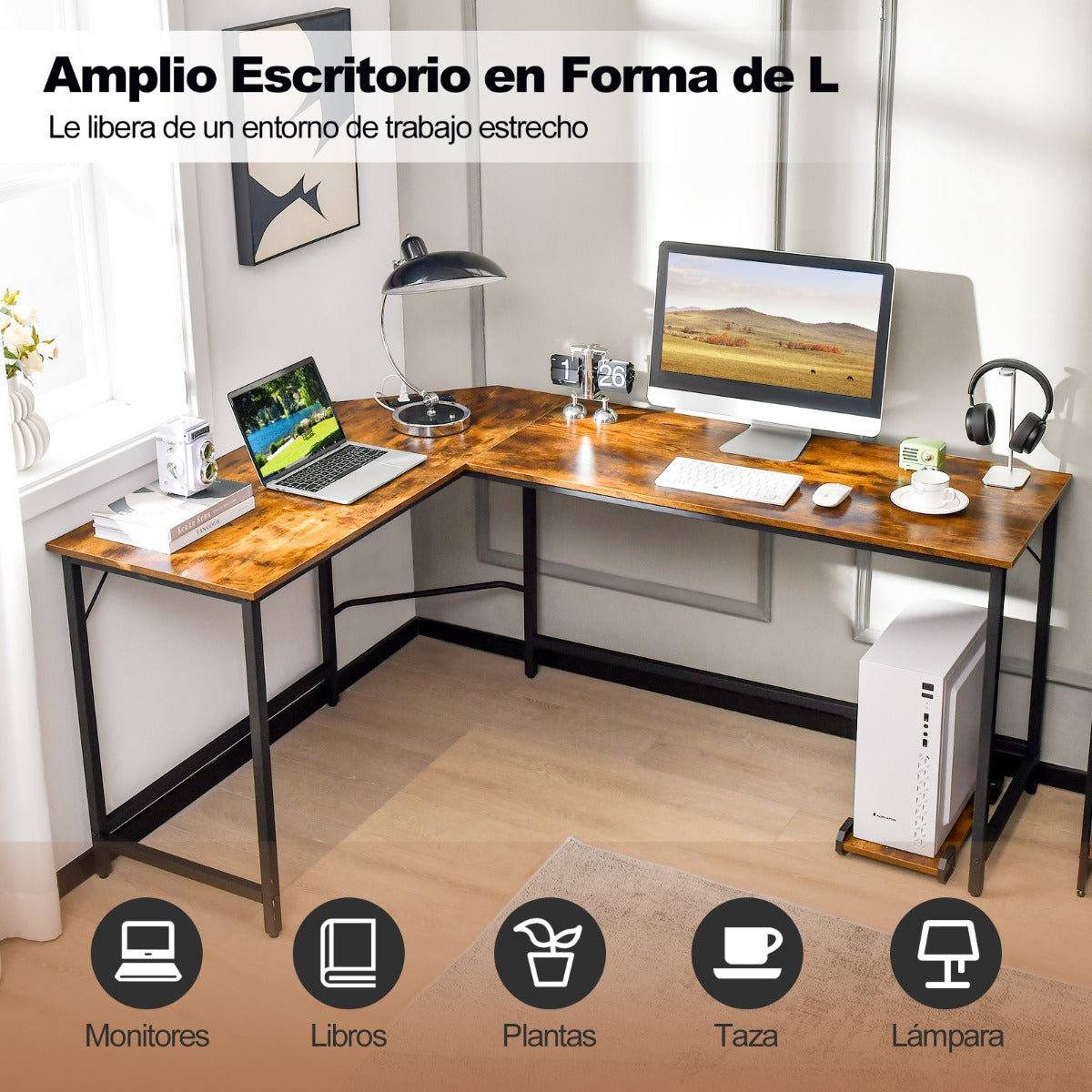 Escritorio Esquinero, Mesa Escritorio, Mesa Ordenador, con Toma de Corriente, Soporte para CPU, Marrón, Costway, 7