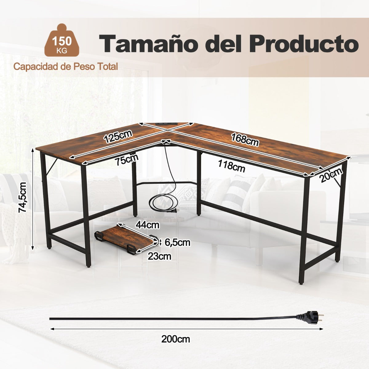 Escritorio Esquinero, Mesa Escritorio, Mesa Ordenador, con Toma de Corriente, Soporte para CPU, Marrón, Costway, 3