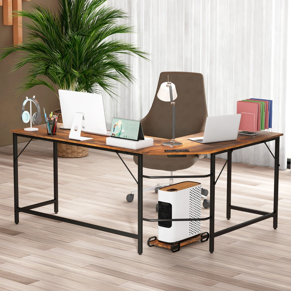 Escritorio Esquinero, Mesa Escritorio, Mesa Ordenador, con Toma de Corriente, Soporte para CPU, Marrón, Costway, 2