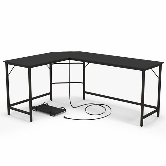 Escritorio Esquinero, Mesa Escritorio, Mesa Ordenador, con Toma de Corriente, Soporte para CPU, Negro, Costway, 1