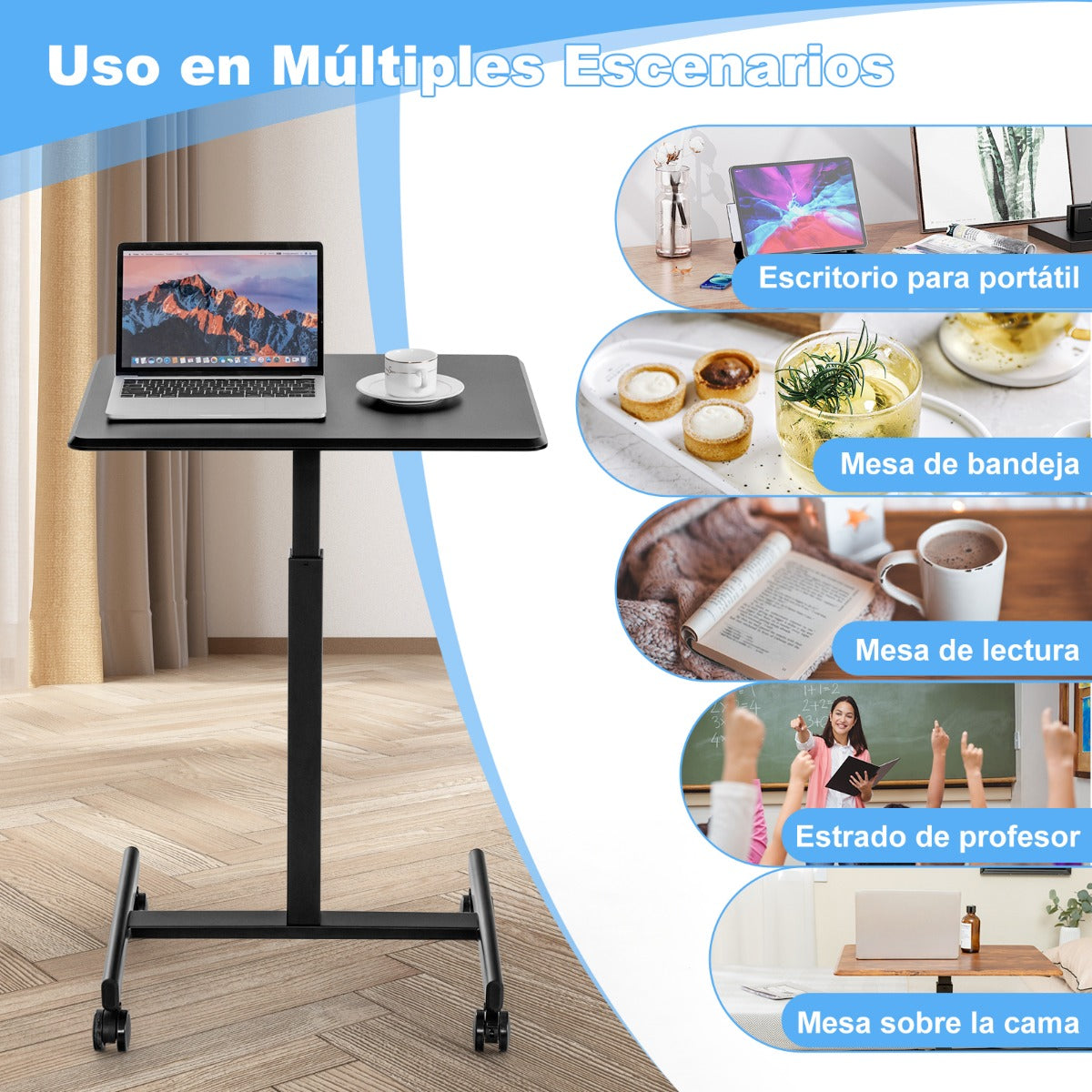 Escritorio con Ruedas, Escritorio Pequeño, Mesa de Oficina, Escritorio Móvil para Computadora Portátil, Negro, Costway, 8