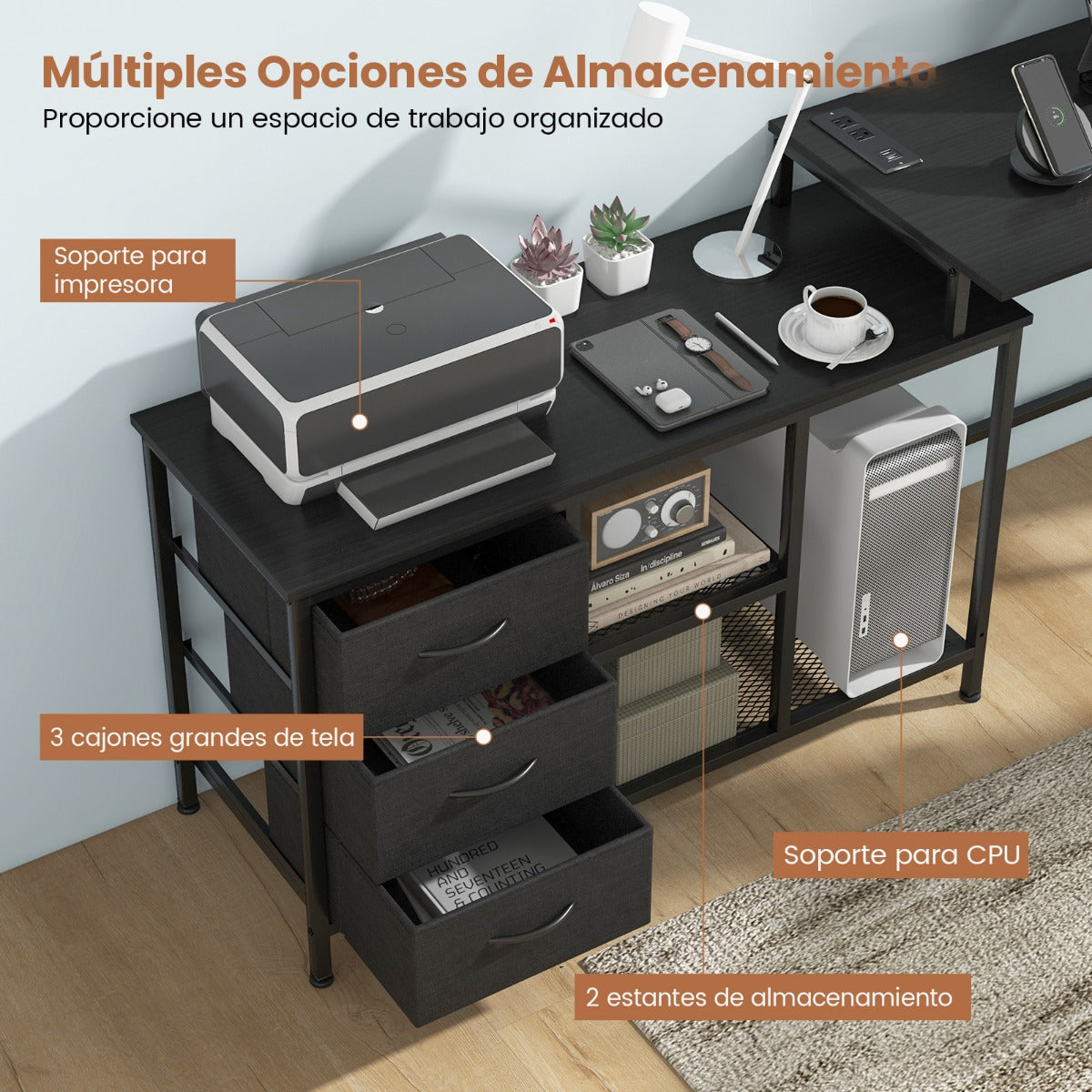 Escritorio Esquinero, Mesa Esquinera, Escritorio con Cajones, Mesa Ordenador, Mesa Estudio, 3 Cajones, Estantes, Negro, Costway, 8