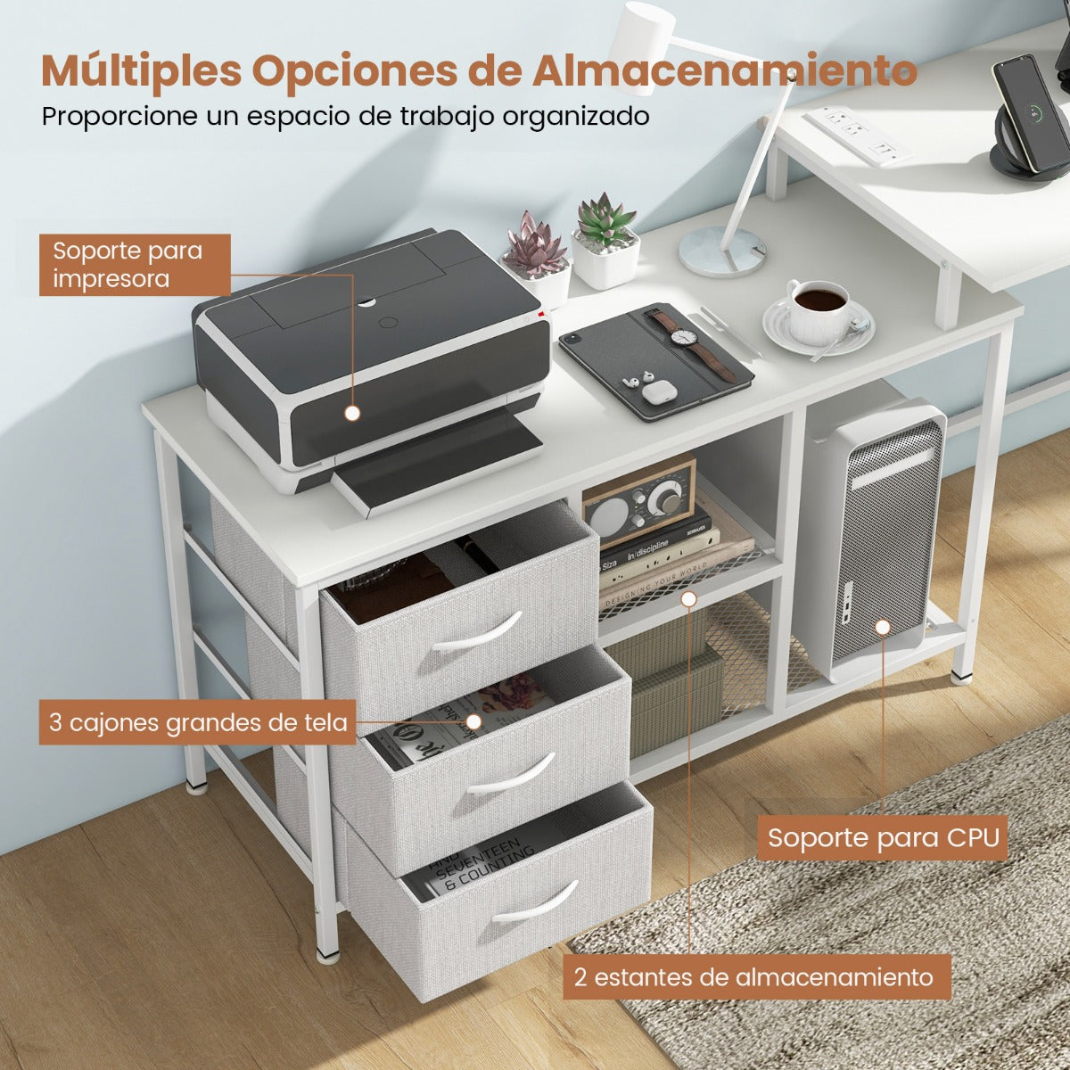 Escritorio Esquinero, Mesa Esquinera, Escritorio con Cajones, Mesa Ordenador, 3 Cajones, Estantes, Blanco, Costway, 8