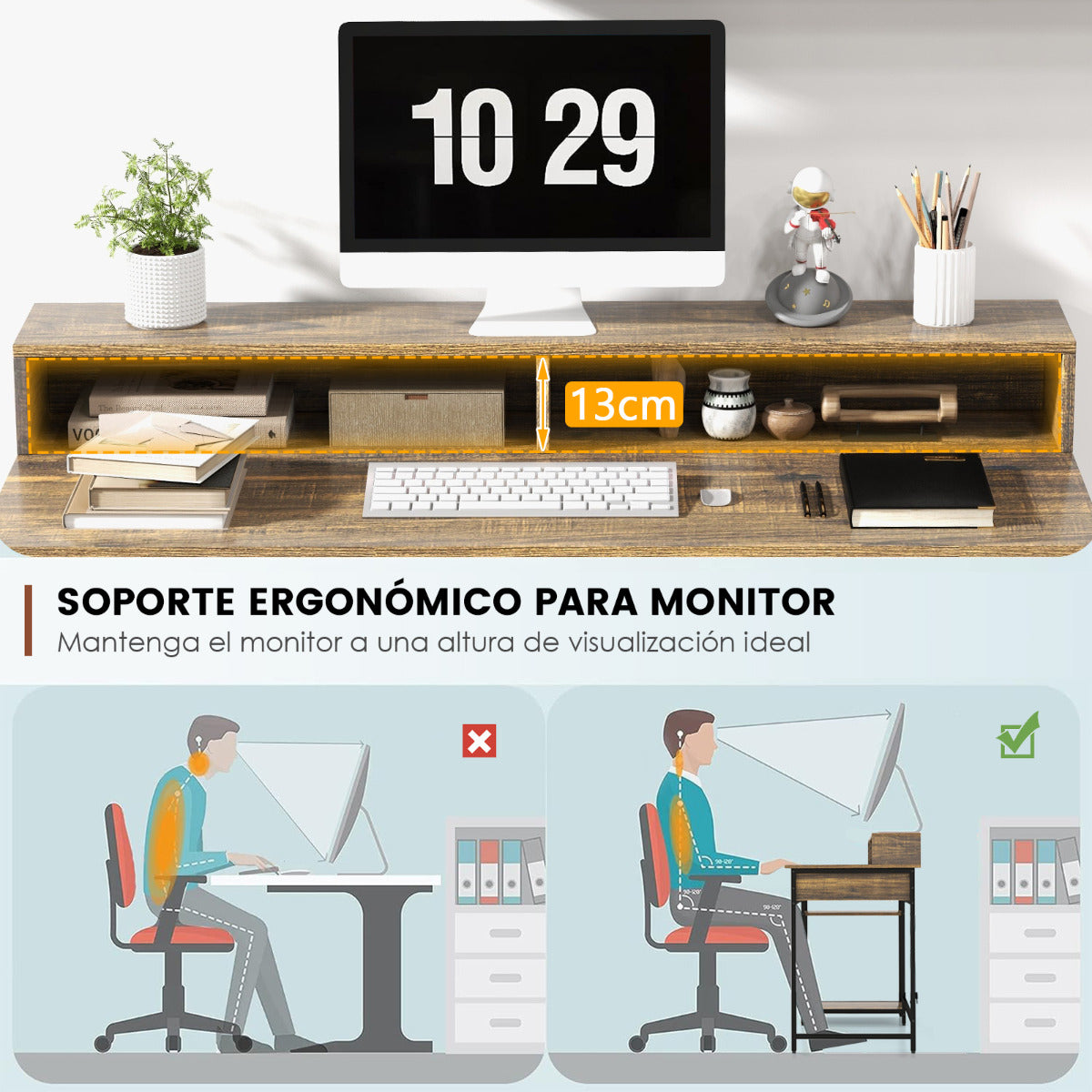 Mesa Escritorio, Mesa Estudio, Escritorio con Cajones, con Soporte de Monitor Mesa de Estudio, Marrón, Costway, 6