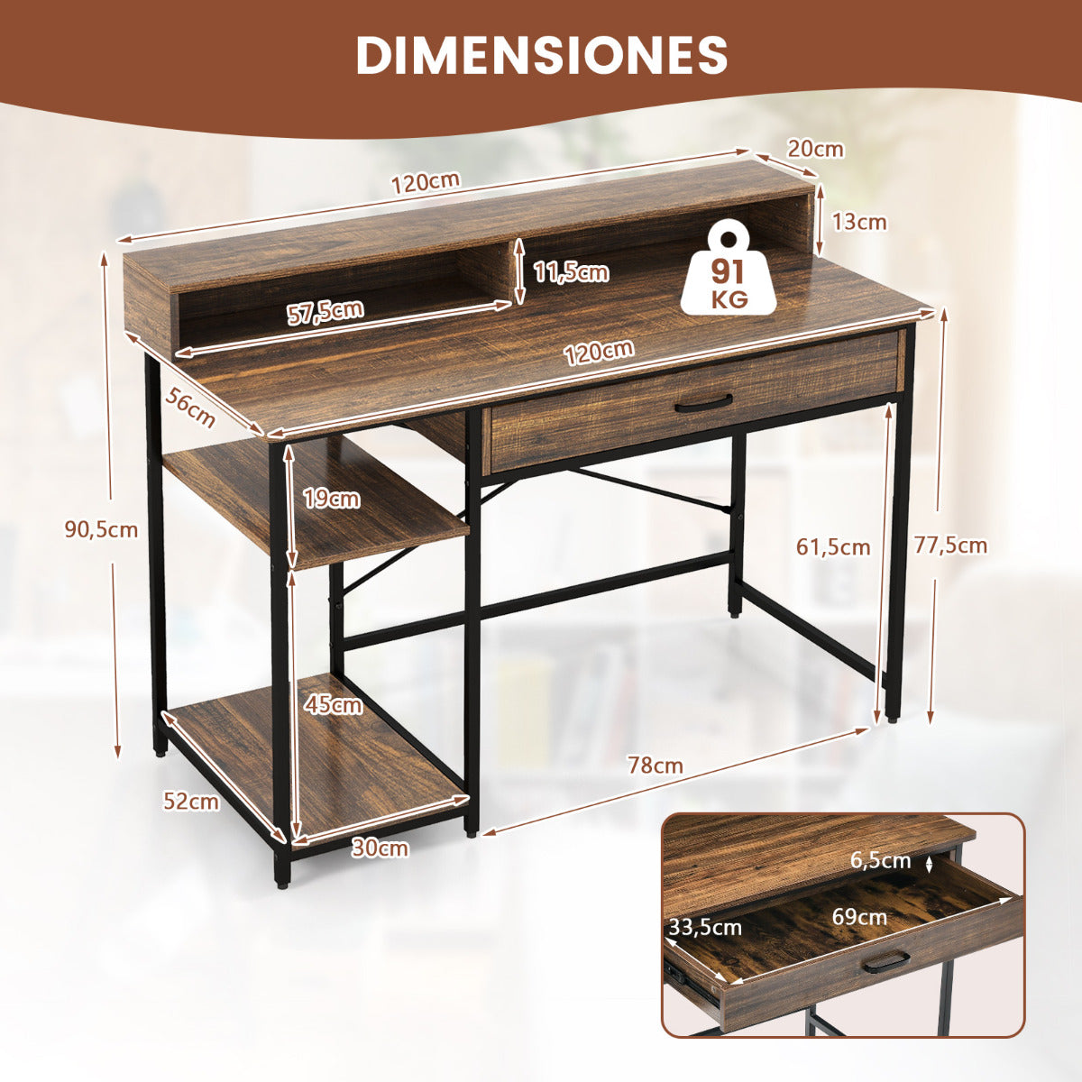 Mesa Escritorio, Mesa Estudio, Escritorio con Cajones, con Soporte de Monitor Mesa de Estudio, Marrón, Costway, 3