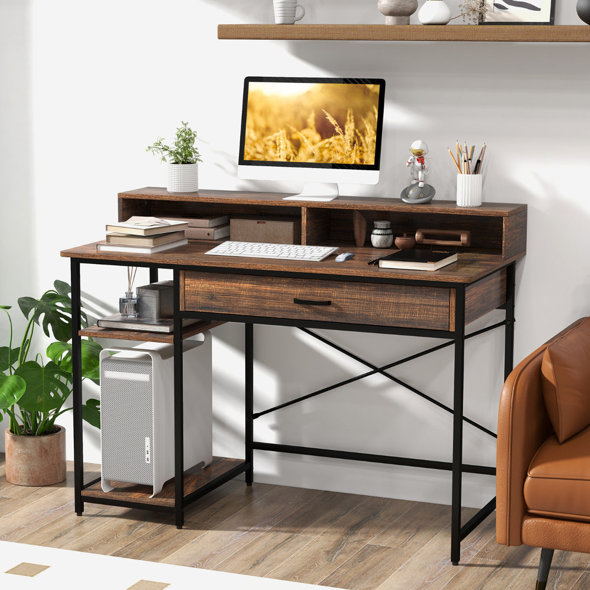 Mesa Escritorio, Mesa Estudio, Escritorio con Cajones, con Soporte de Monitor Mesa de Estudio, Marrón, Costway, 4