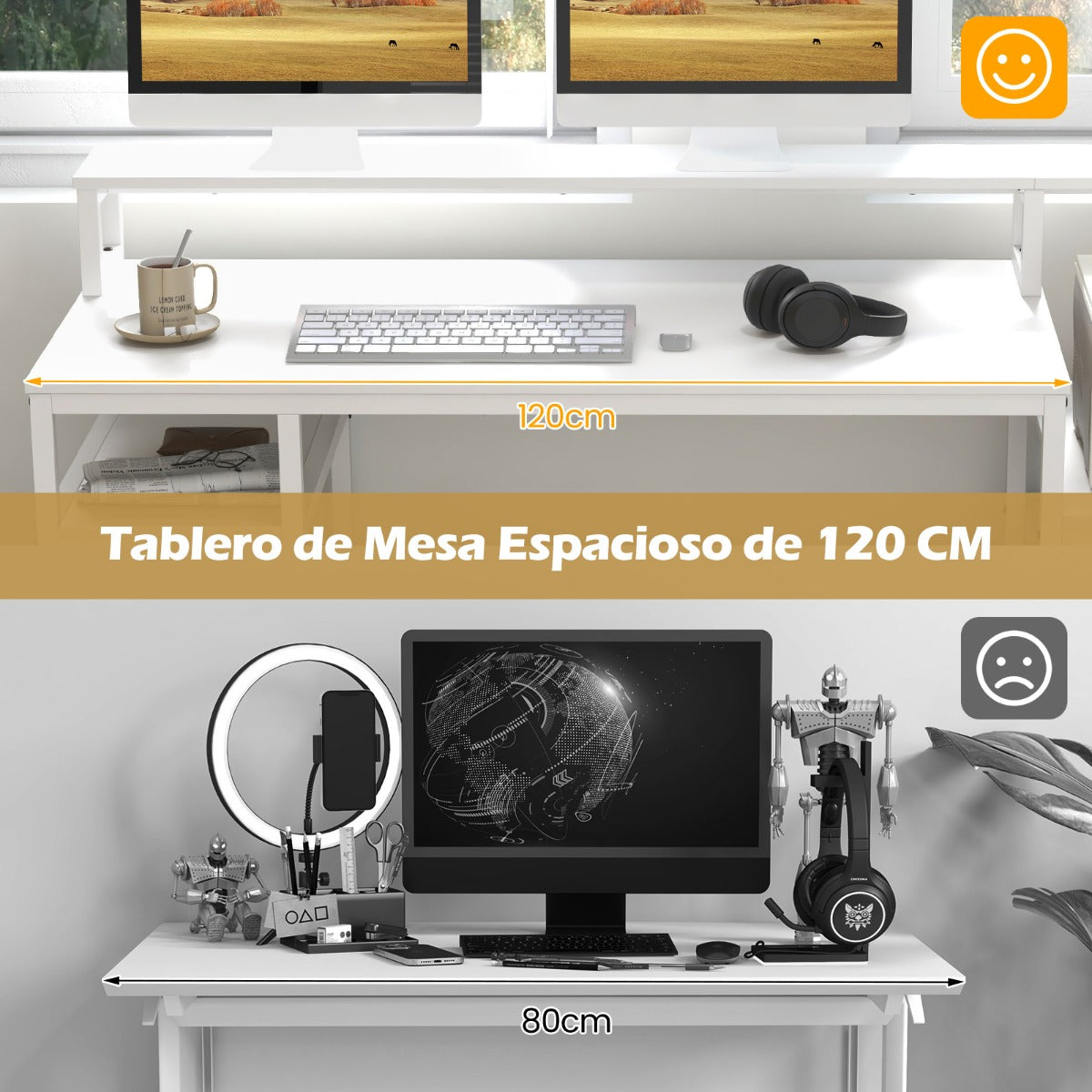 Escritorio, Mesa Ordenador, Escritorio con Cajones, Mesa Estudio, Mesa de Oficina, Soporte Monitor, Blanco, Costway, 8