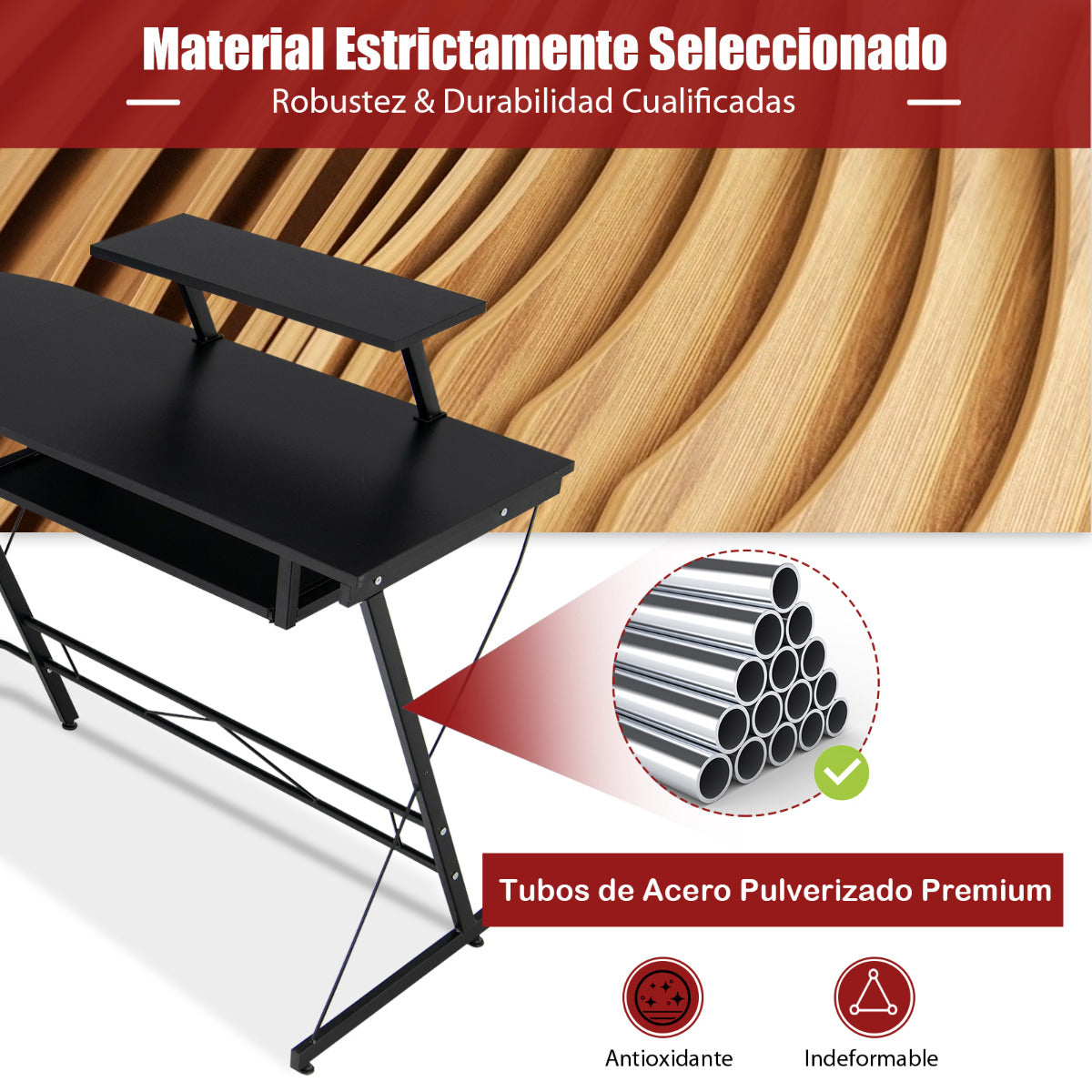 Escritorio Esquinero, Mesa Ordenador, Mesa Estudio, Mesa Gaming, con Soporte Removible, Negro, Costway, 8