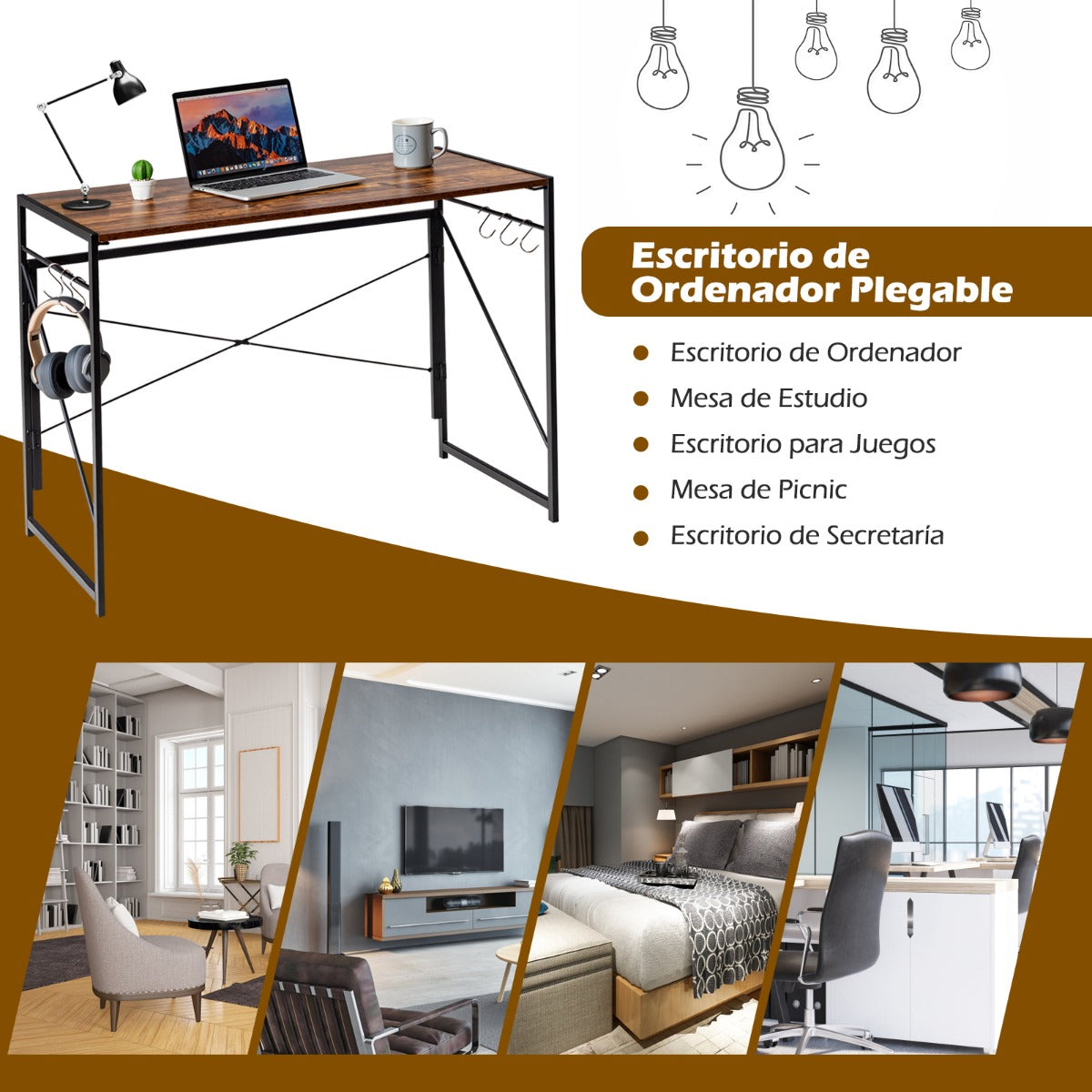 Mesa Escritorio Plegable, Escritorio Pequeño, Mesa Ordenador, Mesa Estudio, Mesa de Oficina, Marrón claro, Costway, 8