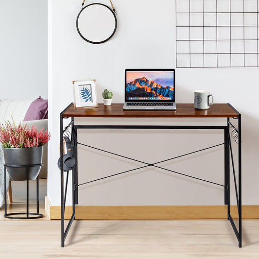 Mesa Escritorio Plegable, Escritorio Pequeño, Mesa Ordenador, Mesa Estudio, Mesa de Oficina, Marrón-oscuro, Costway, 2