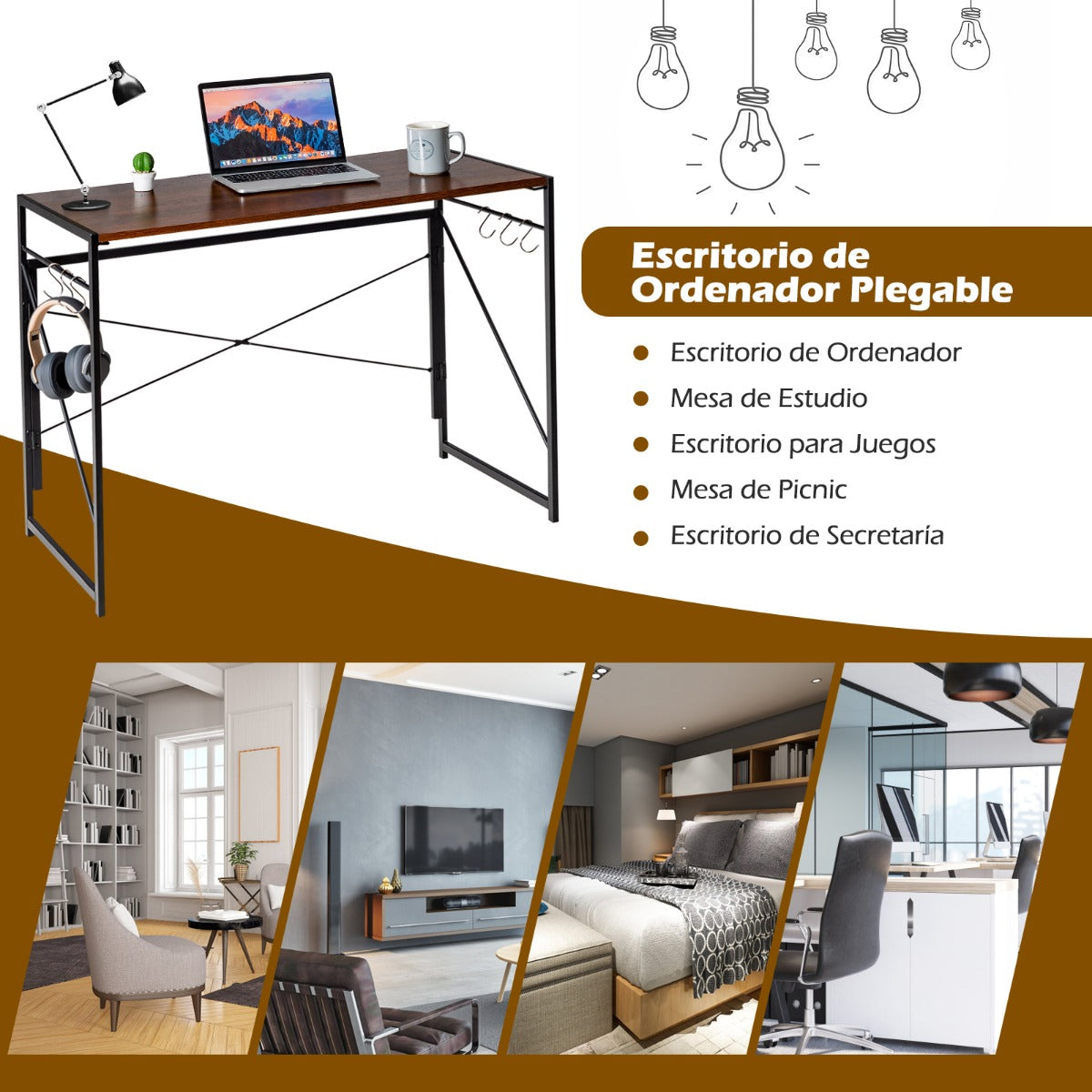 Mesa Escritorio Plegable, Escritorio Pequeño, Mesa Ordenador, Mesa Estudio, Mesa de Oficina, Marrón-oscuro, Costway, 8