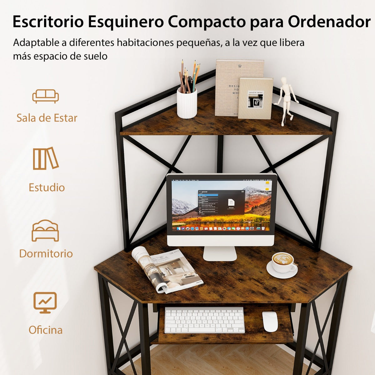 Mesa Escritorio, Mesa Esquinera, Mesa Ordenador, Escritorio Esquinero, con Marco de Metal Estantes, Marrón, Costway, 8