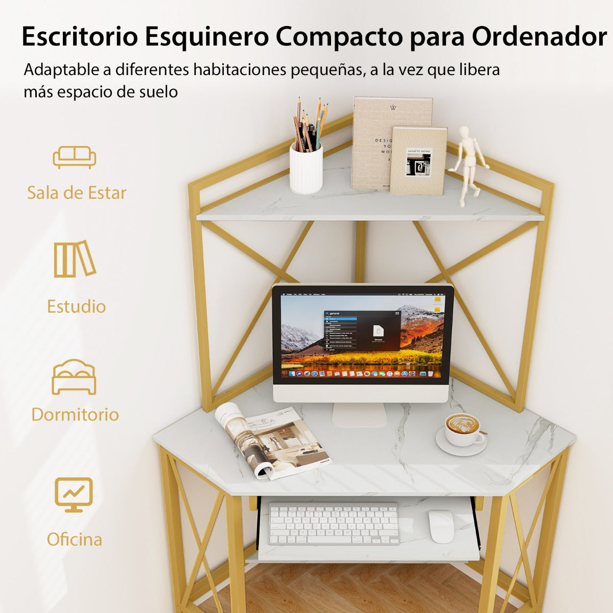 Mesa Escritorio, Mesa Esquinera, Mesa Ordenador, Escritorio Esquinero, con Marco de Metal Estantes, Blanco, Costway, 8