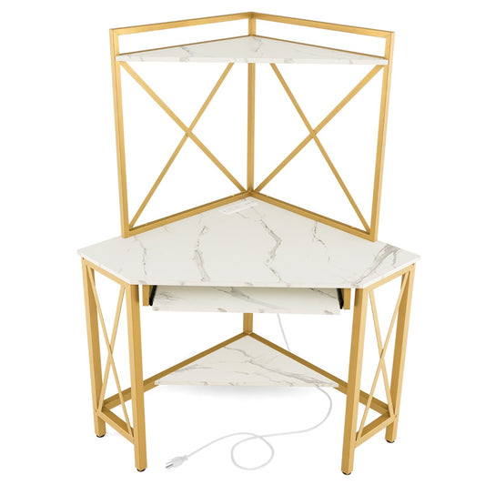 Mesa Escritorio, Mesa Esquinera, Mesa Ordenador, Escritorio Esquinero, con Marco de Metal Estantes, Blanco, Costway, 1