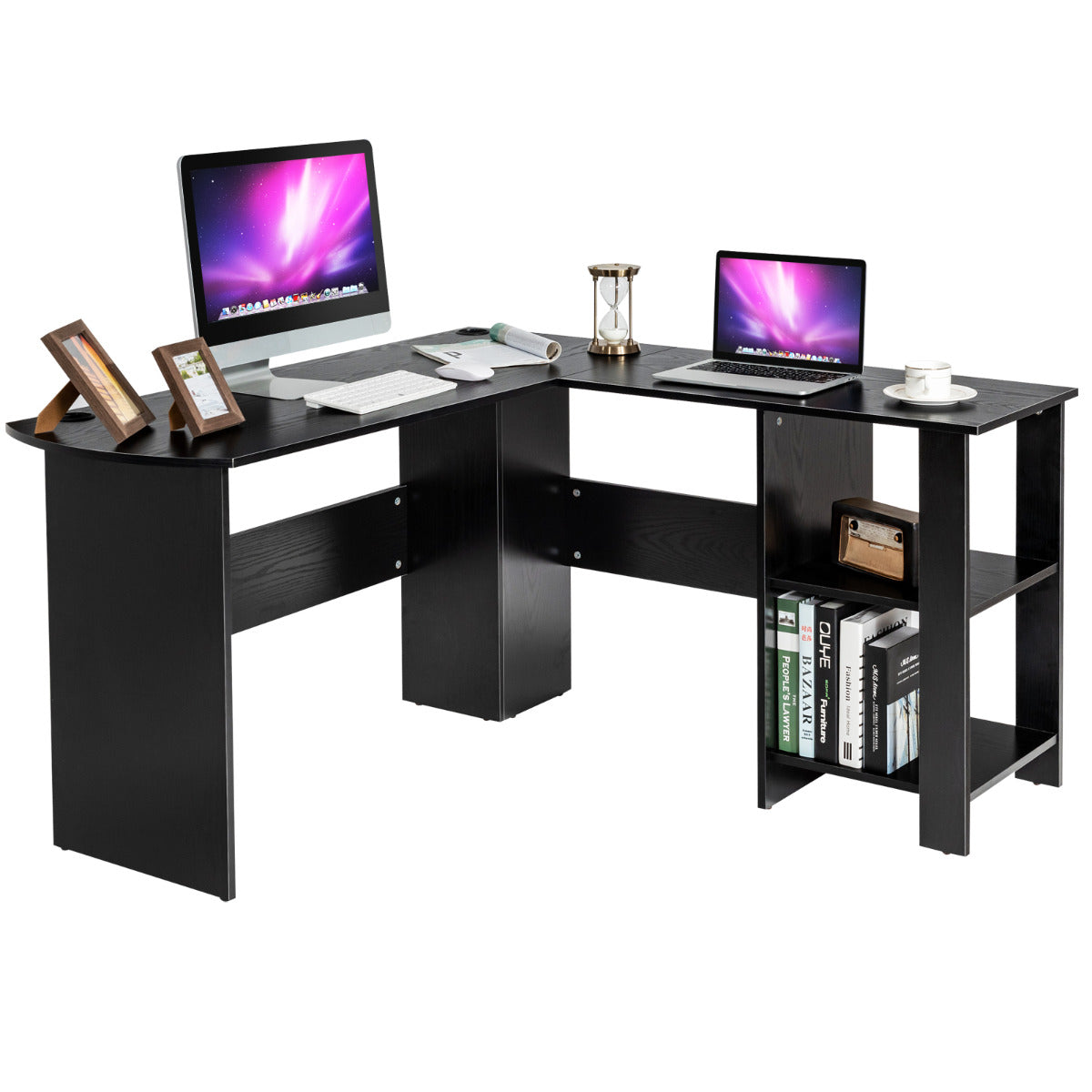 Mesa Esquinera, Mesa Ordenador, Escritorio Esquinero, Mesa de Oficina, Mesa Estudio, con 2 Repisas Abiertas Negro, Costway, 6