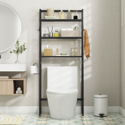 Estanteria Baño, Mueble sobre inodoro, Estante Baño, de 3 Niveles, Estanterias almacenaje, 2 Ganchos, Negro, Costway, 2