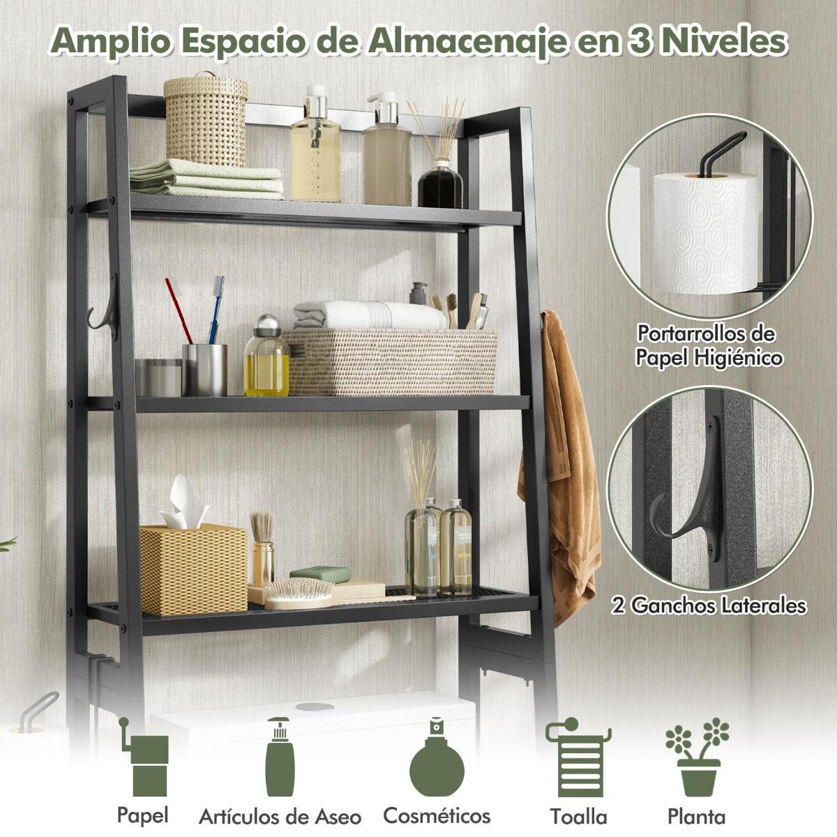 Estanteria Baño, Mueble sobre inodoro, Estante Baño, de 3 Niveles, Estanterias almacenaje, 2 Ganchos, Negro, Costway, 8