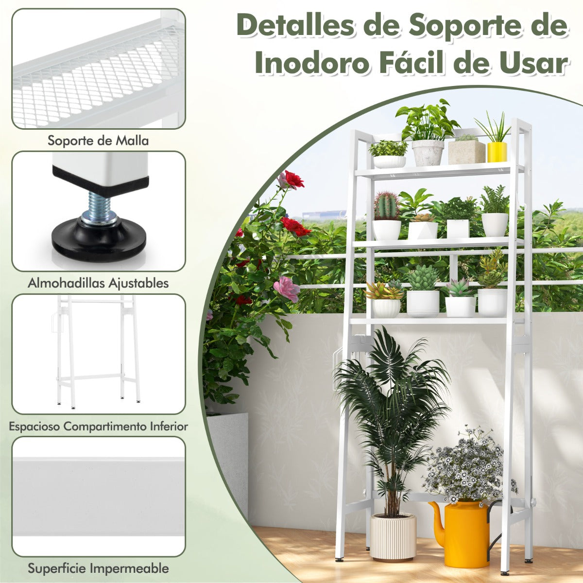 Estanteria Baño, Estante Baño, Mueble sobre inodoro, de 3 Niveles, Estanterias almacenaje, 2 Ganchos, Blanco, Costway, 7