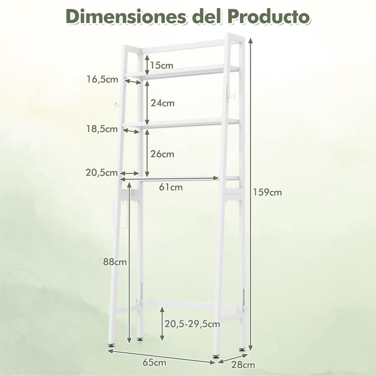 Estanteria Baño, Estante Baño, Mueble sobre inodoro, de 3 Niveles, Estanterias almacenaje, 2 Ganchos, Blanco, Costway, 3