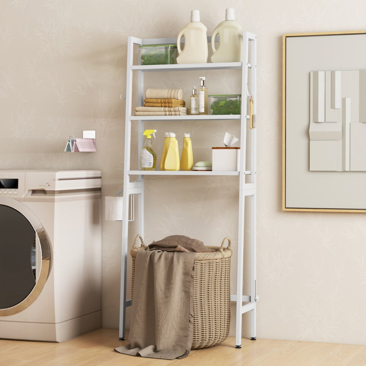 Estanteria Baño, Estante Baño, Mueble sobre inodoro, de 3 Niveles, Estanterias almacenaje, 2 Ganchos, Blanco, Costway, 4