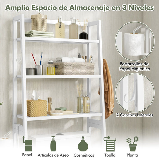 Estanteria Baño, Estante Baño, Mueble sobre inodoro, de 3 Niveles, Estanterias almacenaje, 2 Ganchos, Blanco, Costway, 8