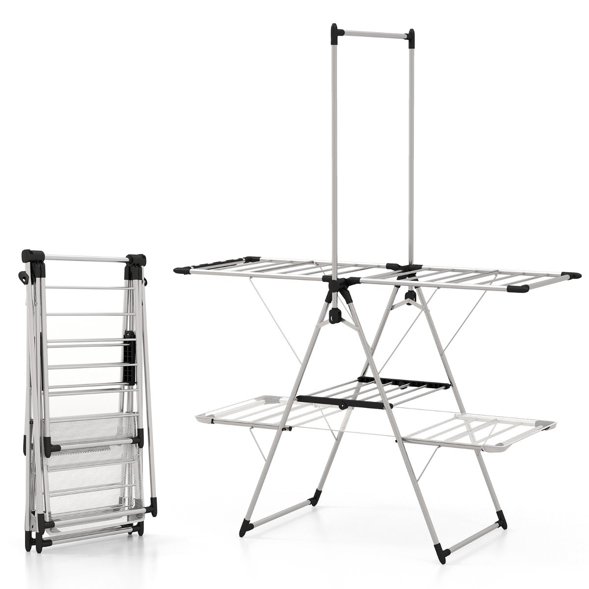 Tendedero de Ropa, 2 Niveles, con Perchero Barra, Tendedero plegable, alas ajustables en altura, Tendedero Exterior, Metal, Costway, 2