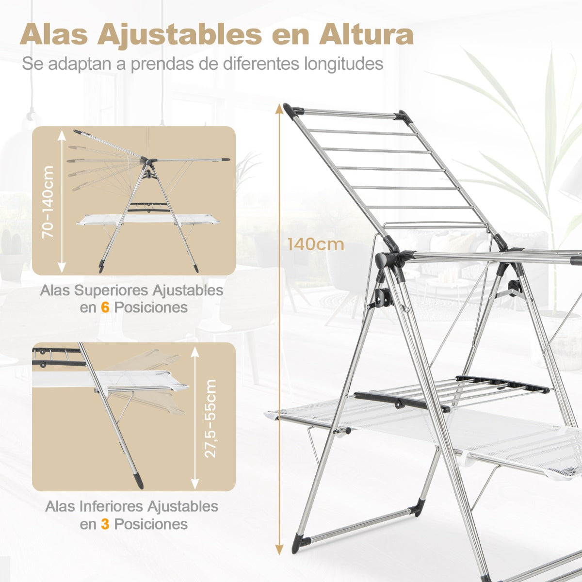 Tendedero de Ropa, 2 Niveles, con Perchero Barra, Tendedero plegable, alas ajustables en altura, Tendedero Exterior, Metal, Costway, 6