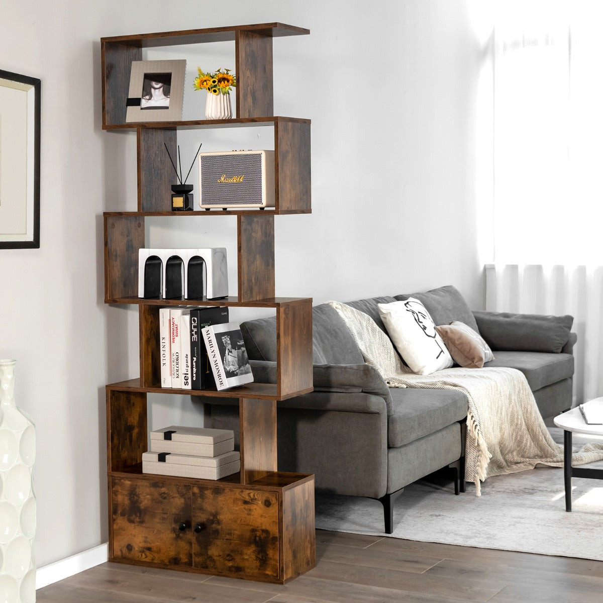 Estanteria, 6 Niveles, Estanteria libros, Forma de S, Estanteria salon, con Armario, Estanteria libreria, Café, Costway, 5
