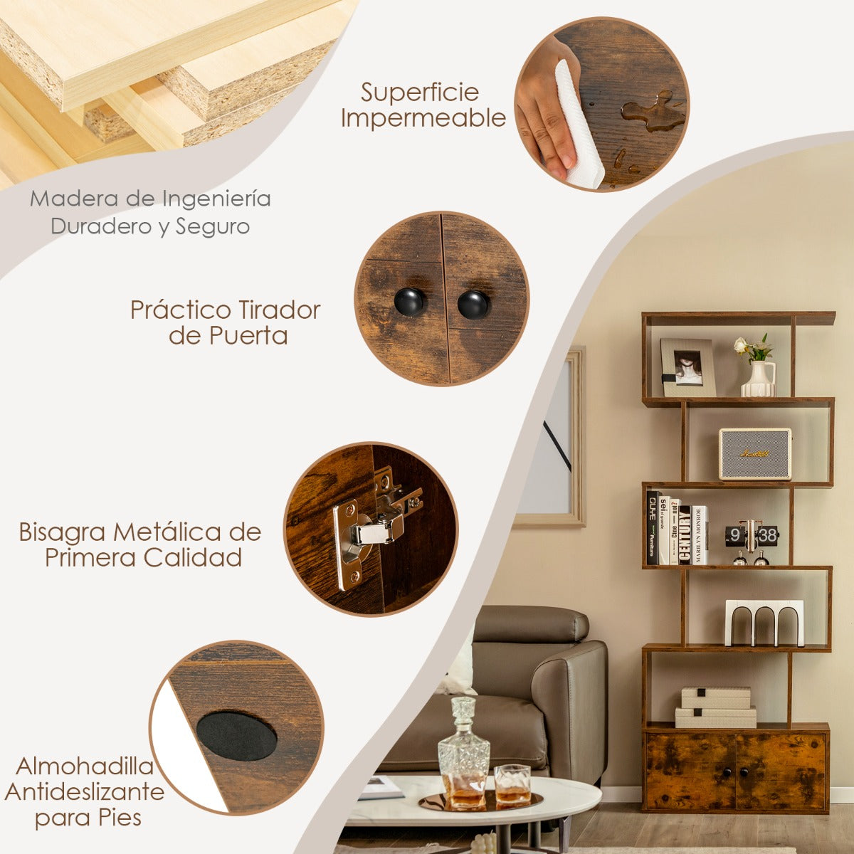 Estanteria, 6 Niveles, Estanteria libros, Forma de S, Estanteria salon, con Armario, Estanteria libreria, Café, Costway, 6