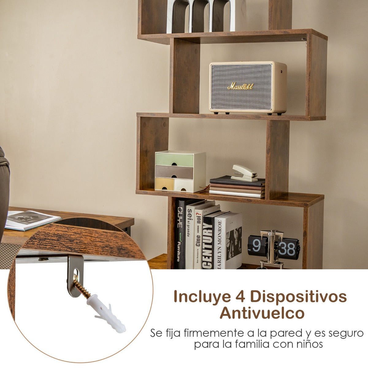 Estanteria, 6 Niveles, Estanteria libros, Forma de S, Estanteria salon, con Armario, Estanteria libreria, Café, Costway, 7