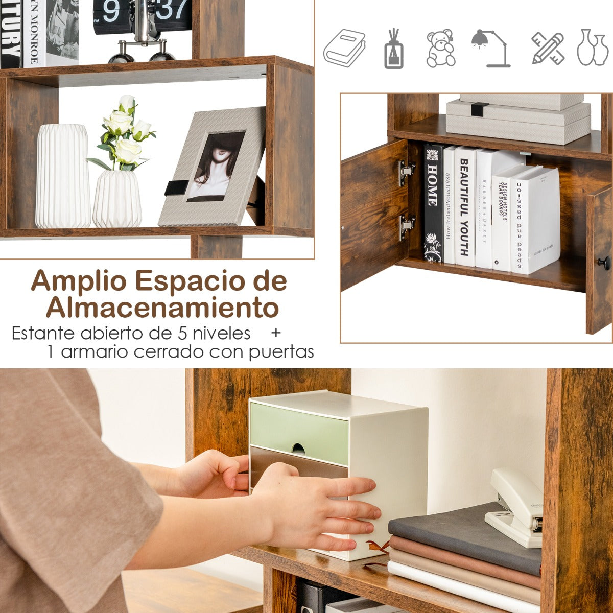 Estanteria, 6 Niveles, Estanteria libros, Forma de S, Estanteria salon, con Armario, Estanteria libreria, Café, Costway, 8