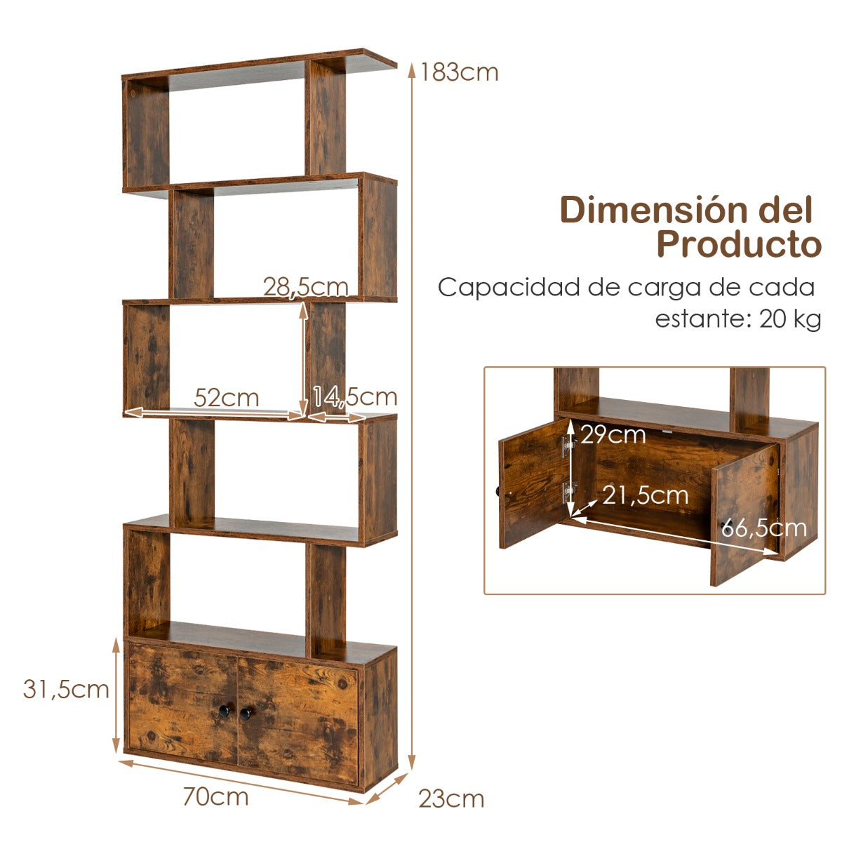 Estanteria, 6 Niveles, Estanteria libros, Forma de S, Estanteria salon, con Armario, Estanteria libreria, Café, Costway, 3