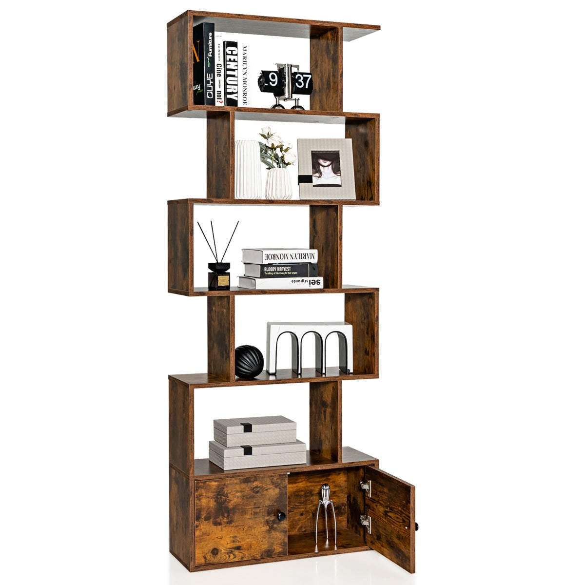 Estanteria, 6 Niveles, Estanteria libros, Forma de S, Estanteria salon, con Armario, Estanteria libreria, Café, Costway, 1