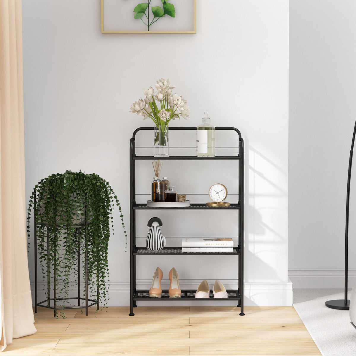 Estanteria, 4 Niveles, Soporte para Plantas, Estanteria Plantas, Plegable, Soporte Macetas, de Metal, Negro, Costway, 4
