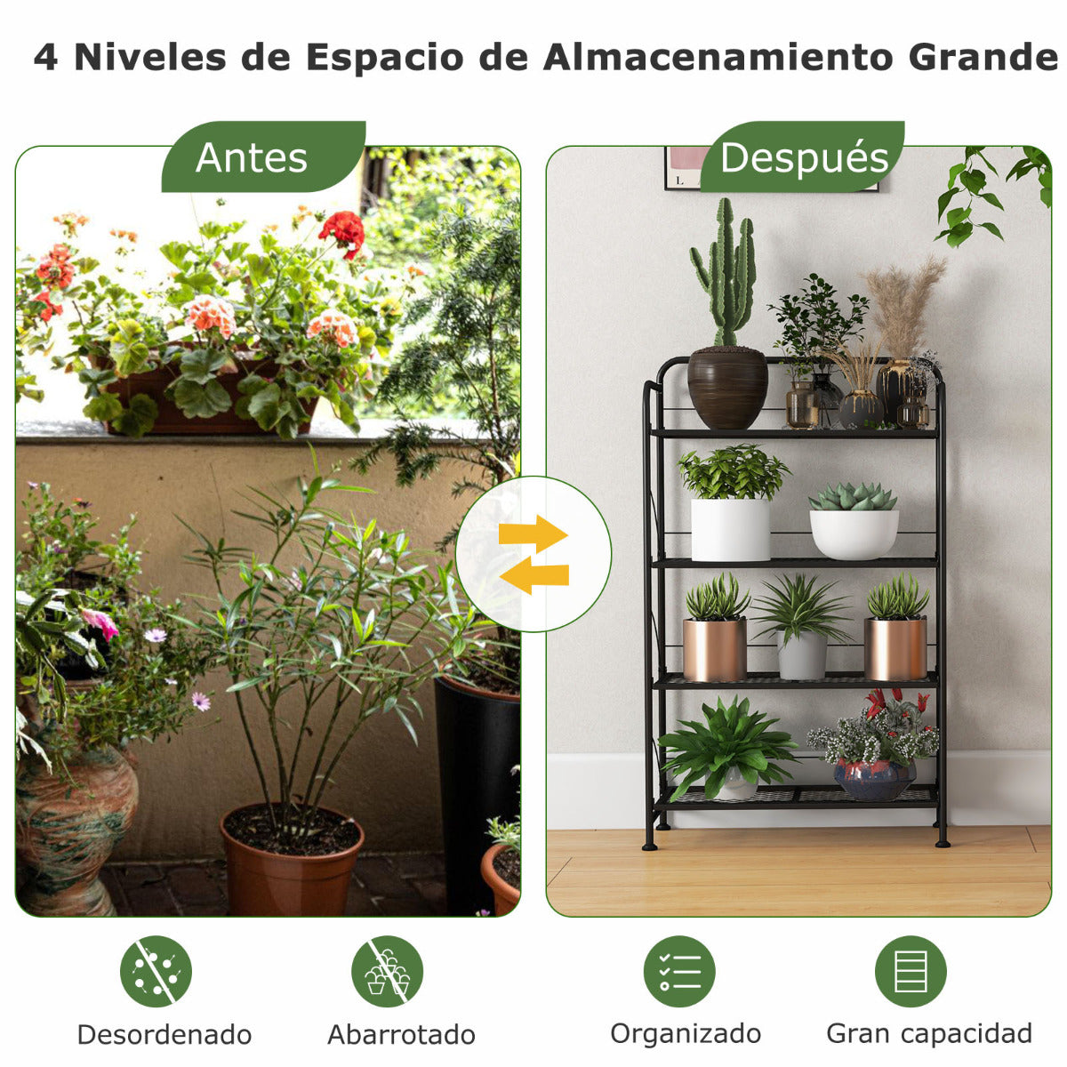 Estanteria, 4 Niveles, Soporte para Plantas, Estanteria Plantas, Plegable, Soporte Macetas, de Metal, Negro, Costway, 6