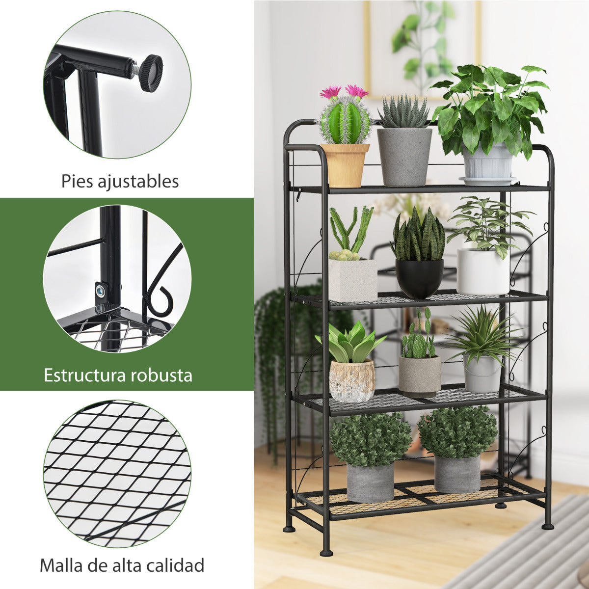 Estanteria, 4 Niveles, Soporte para Plantas, Estanteria Plantas, Plegable, Soporte Macetas, de Metal, Negro, Costway, 8