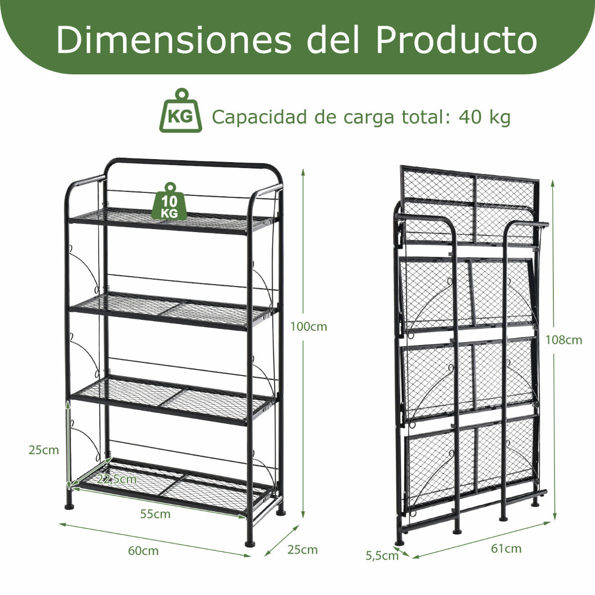 Estanteria, 4 Niveles, Soporte para Plantas, Estanteria Plantas, Plegable, Soporte Macetas, de Metal, Negro, Costway, 3