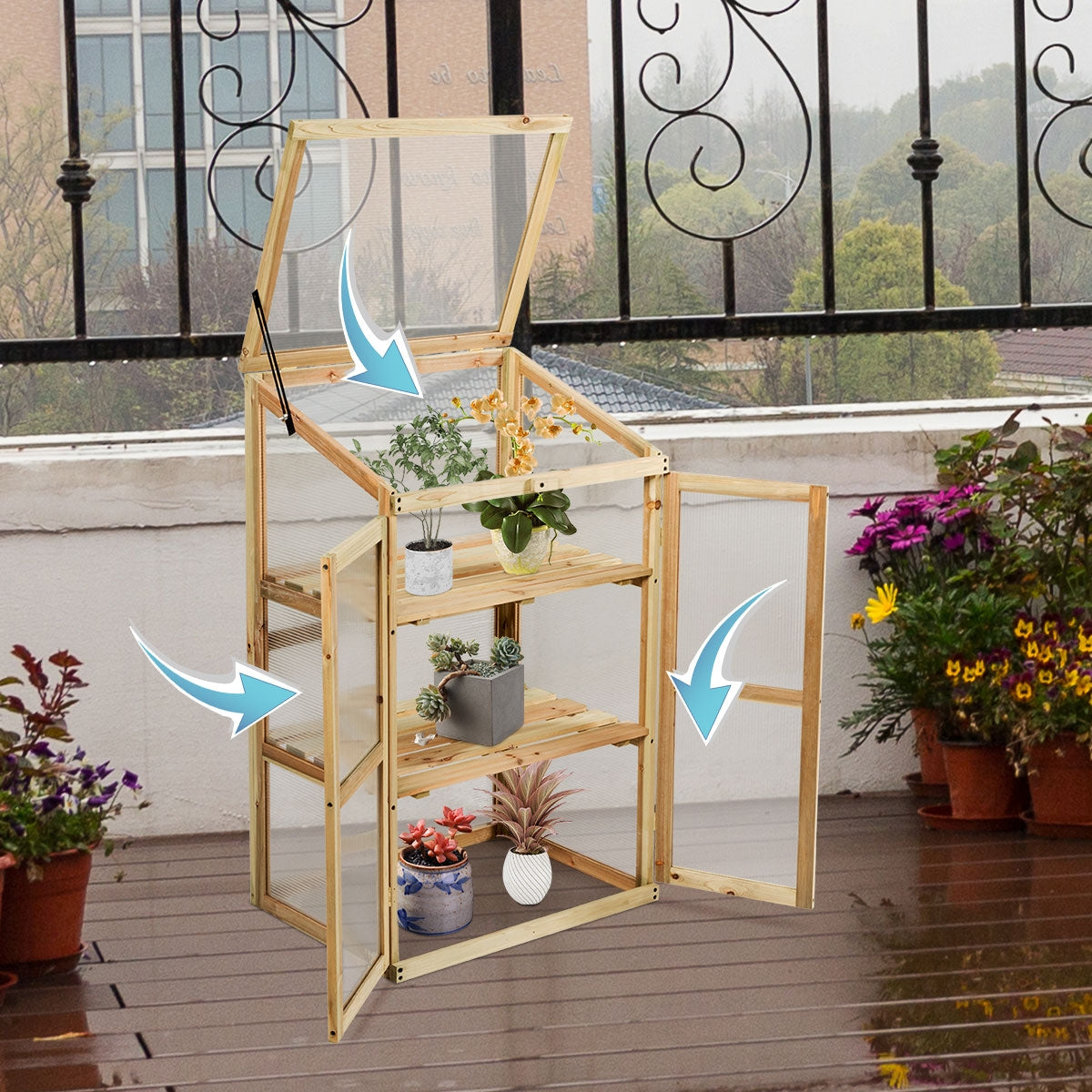 Invernadero, de Madera, Invernadero Pequeño, Protector Elevado con 3 Niveles para Macetas de Exterior, Costway, 5