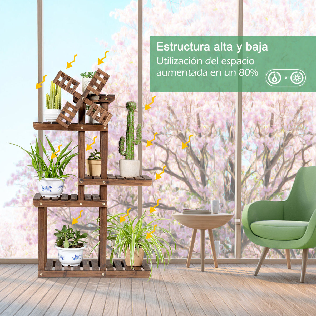 Soporte para Plantas, 5 Niveles, Estanteria, Diseño de Molino de Viento, de Madera, Estanteria Plantas, Marrón, Costway, 6