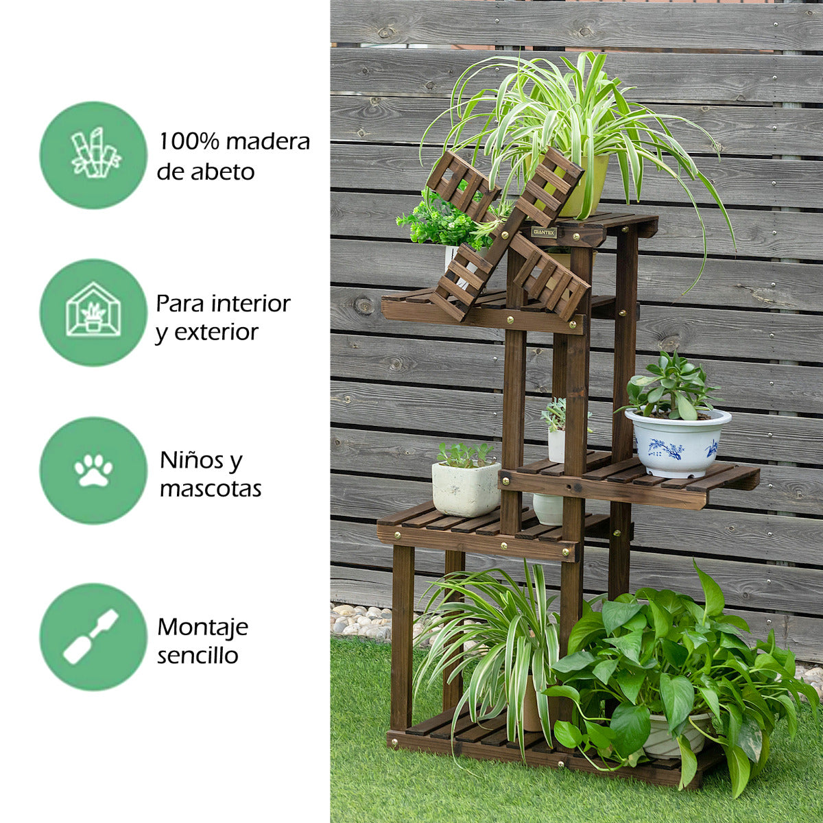 Soporte para Plantas, 5 Niveles, Estanteria, Diseño de Molino de Viento, de Madera, Estanteria Plantas, Marrón, Costway, 5