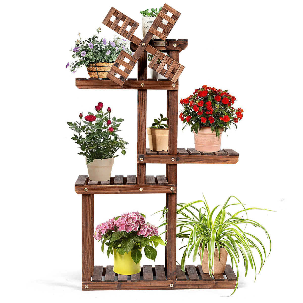 Soporte para Plantas, 5 Niveles, Estanteria, Diseño de Molino de Viento, de Madera, Estanteria Plantas, Marrón, Costway, 1