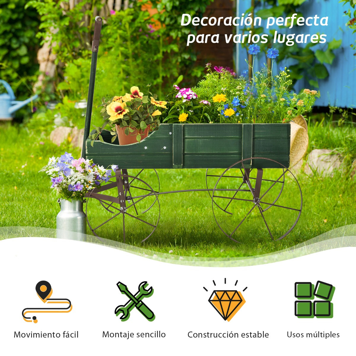 Soporte para Plantas, Carrito de Madera Maceta, Soporte Macetas, Decorativa con Ruedas y 2 Secciones, Verde, Costway, 8