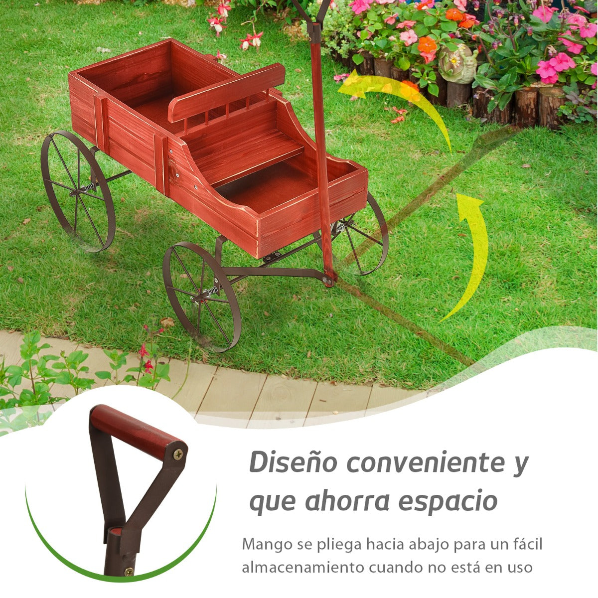 Soporte para Plantas, Carrito de Madera Maceta, Soporte Macetas, Decorativa con Ruedas y 2 Secciones, Rojo, Costway, 5